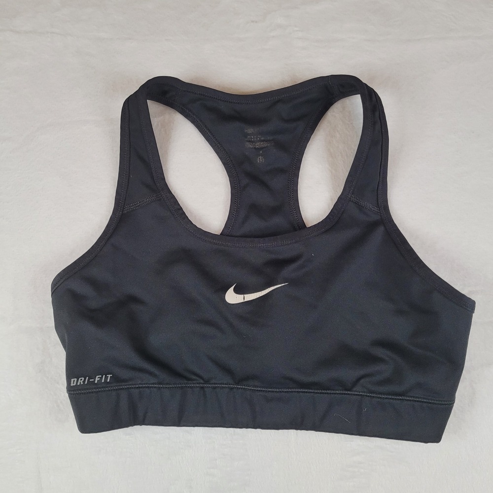 Nike Dri-FIT Women Racerback Sports Bra Black Swoosh Medium Impact Size M